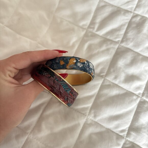 Lot Of 2 Handmade Bohemian Style Cuff Bangle Bracelet Art Blue Purple - Picture 4 of 8